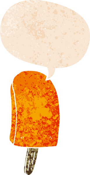 bir insan tarafından çizilmiş grunge sıkıntılı retro stil konuşma balonu ile çizgi film buz lolipopu
