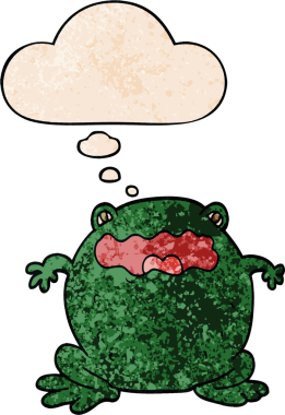 Bir insan tarafından çizilmiş grunge doku tarzında düşünce baloncuğu olan çizgi film karakurbağası.