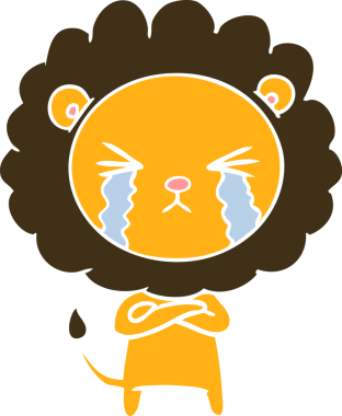 Bir insan tarafından çizilmiş düz renkli karikatür ağlayan aslan