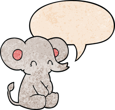 Bir insan tarafından çizilmiş eski moda konuşma baloncuğu olan sevimli çizgi film fili.