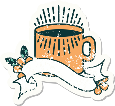 Bir insan tarafından çizilmiş kahve fincanı olan eski bir etiket.