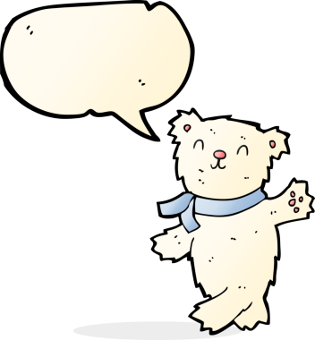 Bir insan tarafından çizilmiş konuşma balonuyla oyuncak kutup ayısını sallayan çizgi film.