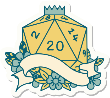 Bir insan tarafından çizilmiş 20 D20 zarının çıkartması.