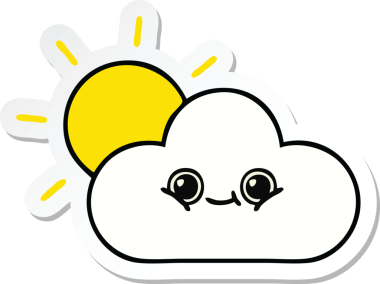 Bir insan tarafından çizilmiş şirin bir karikatür güneş ve bulut çıkartması.