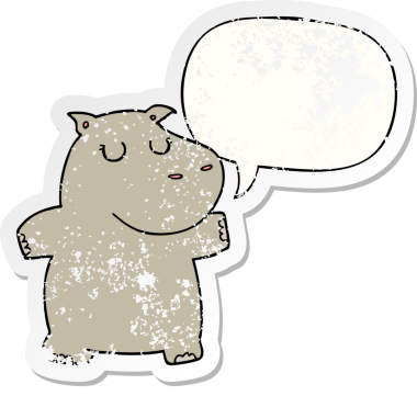 Konuşma baloncuğu olan çizgi film su aygırı bir insan tarafından çizilmiş sıkıntılı eski bir çıkartma