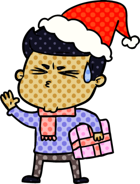 Bir insan tarafından çizilmiş Noel Baba şapkası giymiş terleyen bir adamın el çizimi çizgi roman çizimi.