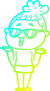 Bir insan tarafından çizilmiş gözlük takan mutlu bir kadının çizgi film çizimi.