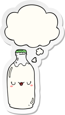 Düşünce baloncuklu tatlı süt şişesi insan tarafından çizilmiş bir çıkartma.