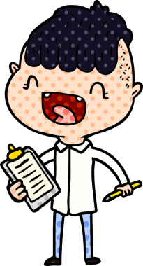 Bir insan tarafından çizilmiş, elinde klip tahtası olan mutlu bir çocuk.