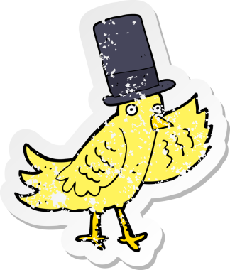 Bir insan tarafından çizilmiş silindir şapkalı çizgi film kuşunun gerilimli çıkartması.