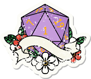 Bir insan tarafından çizilmiş doğal bir d20 zarının grunge çıkartması.