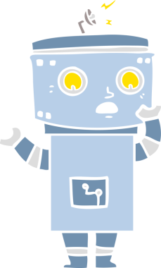 Bir insan tarafından çizilmiş düz renkli çizgi film robotu