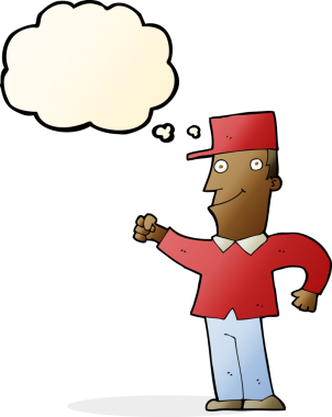 Bir insan tarafından çizilmiş düşünce baloncuğuyla havayı yumruklayan çizgi film adamı.