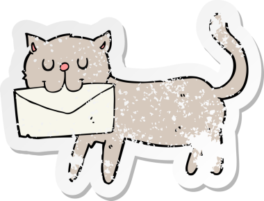 Bir insan tarafından çizilmiş bir mektup taşıyan bir çizgi film kedisinin gerilimli çıkartması.