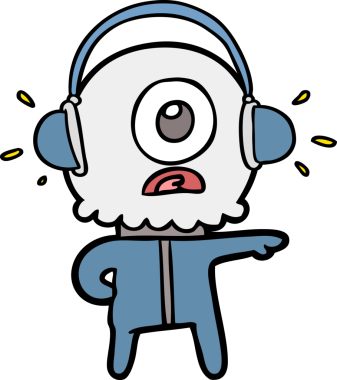 Çizgi film Tepegöz uzaylı uzay adamı bir insan tarafından çizilen müziği dinliyor.