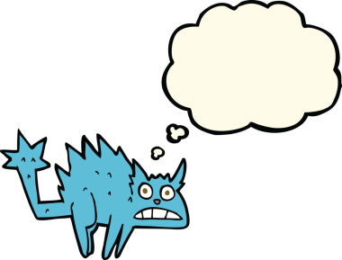 Bir insan tarafından çizilmiş düşünce balonlu korkmuş kedi çizgi filmi.