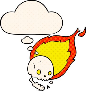 Çizgi roman tarzında bir insan tarafından çizilmiş garip, alevli bir kafatası.