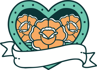 İkonik dövme stili bir kalp ve bir insan tarafından çizilmiş çiçekli pankart.