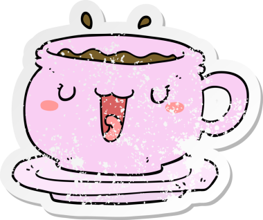 Sevimli bir çizgi film bardağı ve bir insan tarafından çizilmiş çay tabağı.