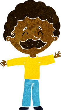 Bir insan tarafından çizilmiş bıyıklı çizgi film çocuğu.