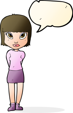 Bir insan tarafından çizilmiş bir konuşma balonuyla ayakta duran çizgi film kadını.