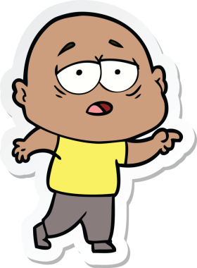 Bir insan tarafından çizilmiş, yorgun, kel bir adamın çıkartması.