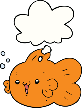 Bir insan tarafından çizilmiş düşünce baloncuklu çizgi film balığı.