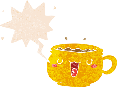 Tatlı çizgi film kahve fincanı, konuşma baloncuğu, grunge, sıkıntılı retro tarzı bir insan tarafından çizilmiş.