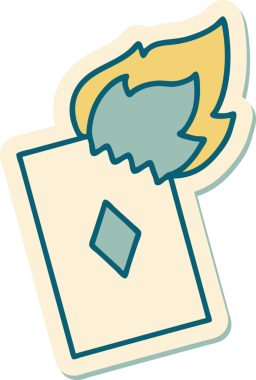 Geleneksel stil dövme çıkartması. Bir insan tarafından çizilmiş alevli kart.