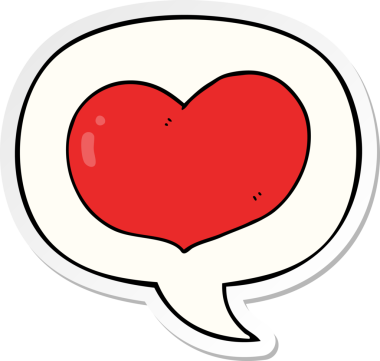 Bir insan tarafından çizilmiş konuşma kabarcığı çıkartmalı karikatür aşk kalbi.