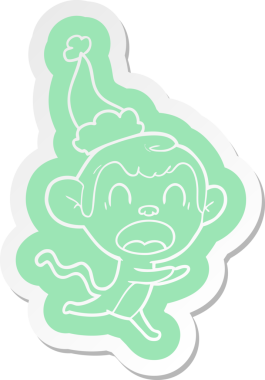 Bir insan tarafından çizilmiş Noel Baba şapkası giyen bir maymunun garip bir çizgi film çıkartması.