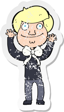 Bir insan tarafından çizilmiş papyon takan bir çizgi film karakterinin gerilimli çıkartması.