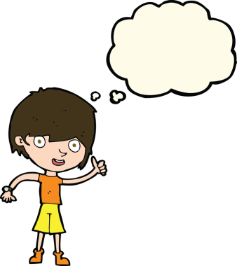 Bir insan tarafından çizilen düşünce baloncuğuyla pozitif tavırlı çizgi film çocuğu.