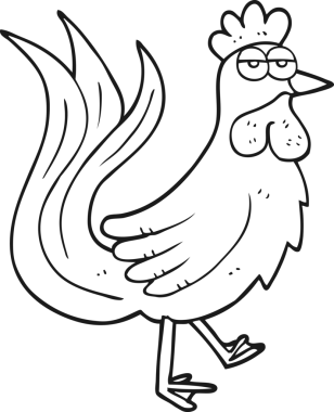 Bir insan tarafından çizilmiş siyah beyaz çizgi film horozu.