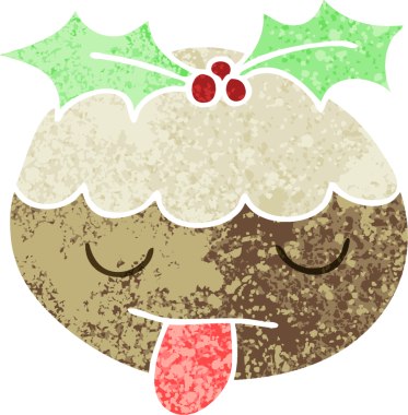 Bir insan tarafından çizilmiş retro illüstrasyon tarzı tuhaf bir çizgi film noel pudingi.