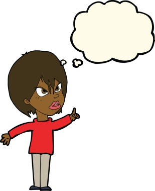 Bir insan tarafından çizilmiş düşünce baloncuğuyla tartışan çizgi film kadını.