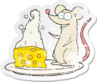 Bir insan tarafından çizilmiş peynirli çizgi film faresinin gerilimli retro yapıştırması