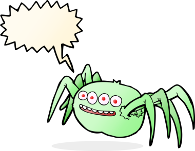 Bir insan tarafından çizilmiş konuşma baloncuğu olan karikatürlü korkunç örümcek.