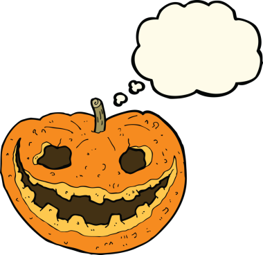 Bir insan tarafından çizilmiş düşünce baloncuklu garip balkabağı.