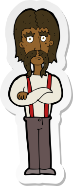 Çizgi film çıkartması. Uzun bıyıklı, kolları katlanmış bir insan tarafından çizilmiş.