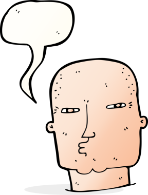 Bir insan tarafından çizilmiş konuşma balonu olan kel, sert adam.