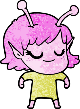 Bir insan tarafından çizilmiş gülümseyen uzaylı kız çizgi filmi.