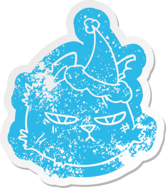 Bir insan tarafından çizilmiş Noel Baba şapkası takan sert bir kedi suratı olan garip bir karikatür.