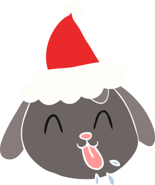 Bir insan tarafından çizilmiş Noel Baba şapkası takan bir köpeğin düz renkli çizimi.