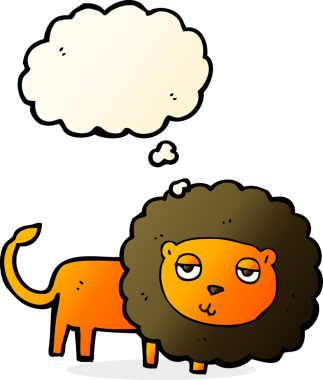 Bir insan tarafından çizilmiş düşünce baloncuklu çizgi film aslanı.