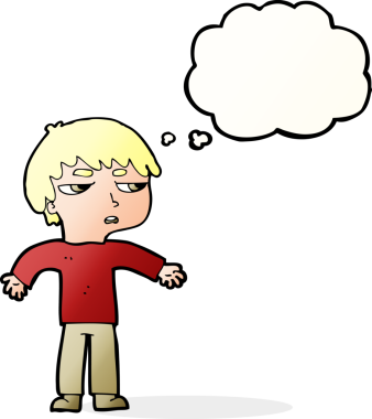 Bir insan tarafından çizilen düşünce baloncuğuyla sinirlenmiş bir çocuk.