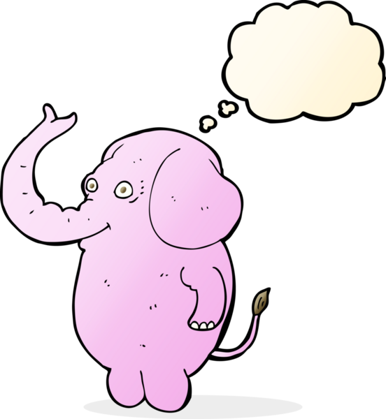 Bir insan tarafından çizilmiş düşünce baloncuklu komik bir fil.