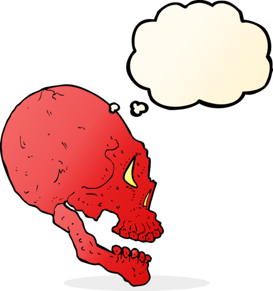 Bir insan tarafından çizilmiş düşünce baloncuklu kırmızı kafatası çizimi