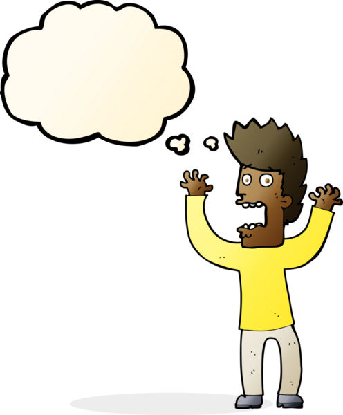 Bir insan tarafından çizilmiş düşünce baloncuğuyla dehşete düşmüş bir adam.