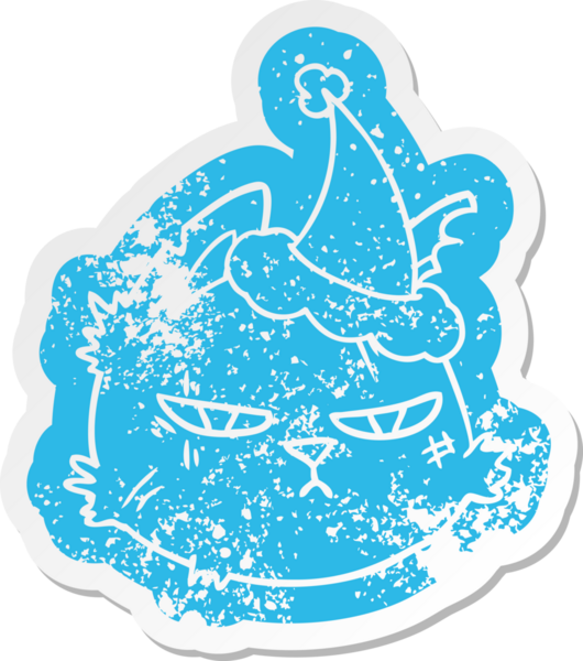 Bir insan tarafından çizilmiş Noel Baba şapkası takan sert bir kedi suratı olan garip bir karikatür.